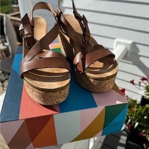 EUC Anthropologie Ant Parley Multi-Strap Brown Leather Wedge Sandals 9